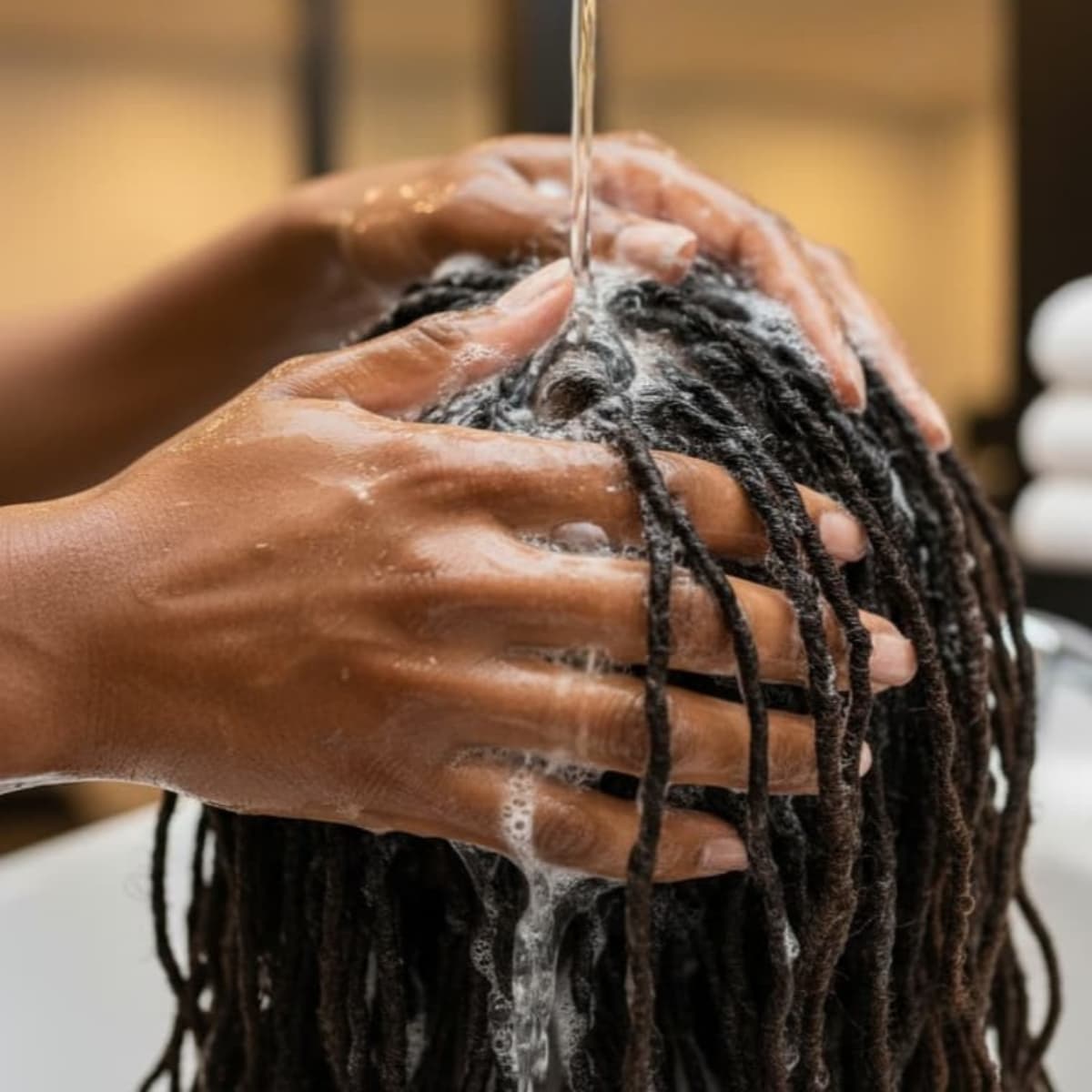 Person rinsing conditioner from client's hair with water.