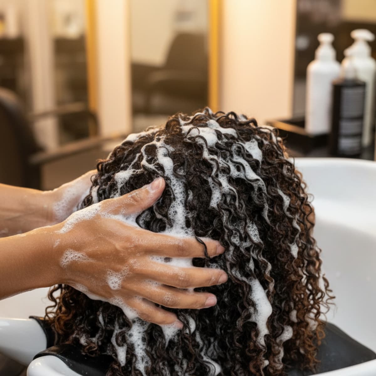 Person washing another person's hair with soap in a salon setting