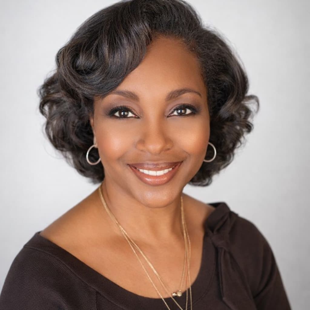 Woman with styled hair wearing a brown top against a plain background