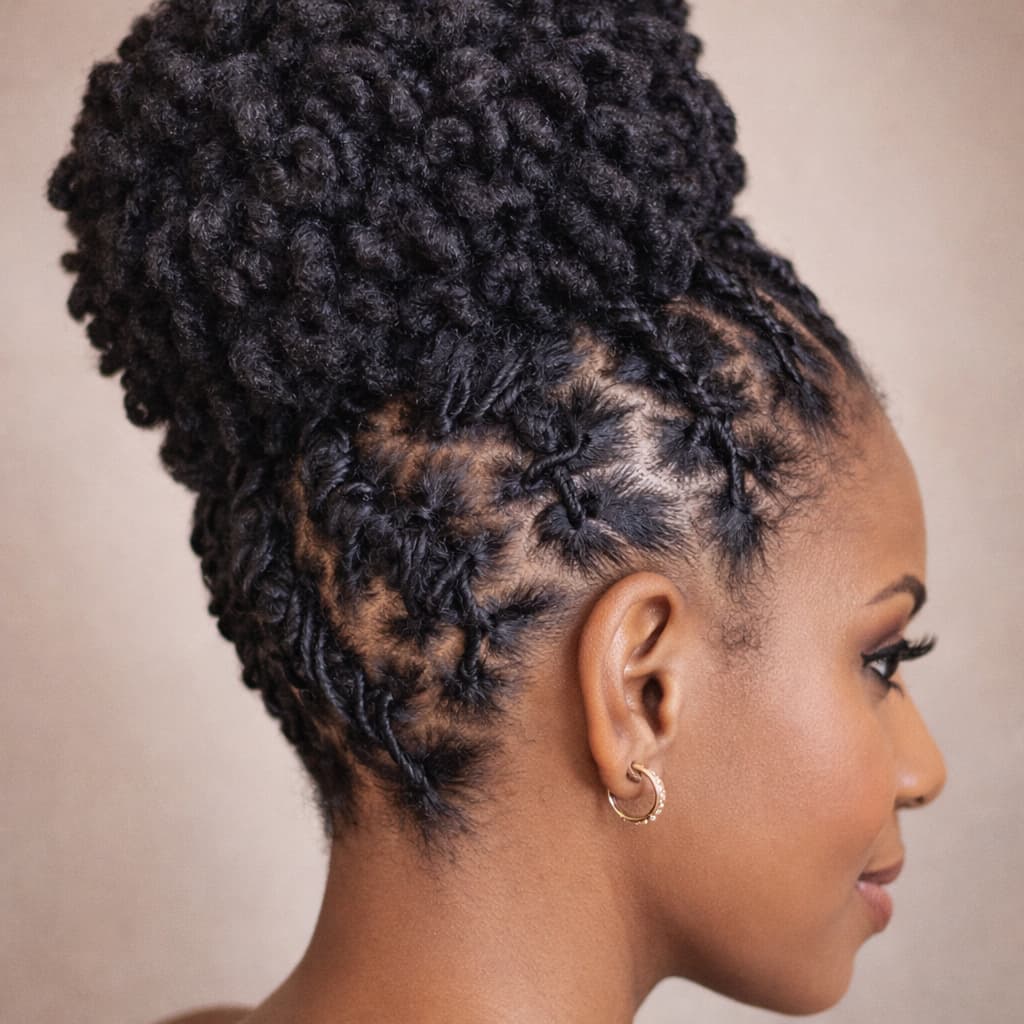 Woman with styled hair featuring braids and twists on a neutral background
