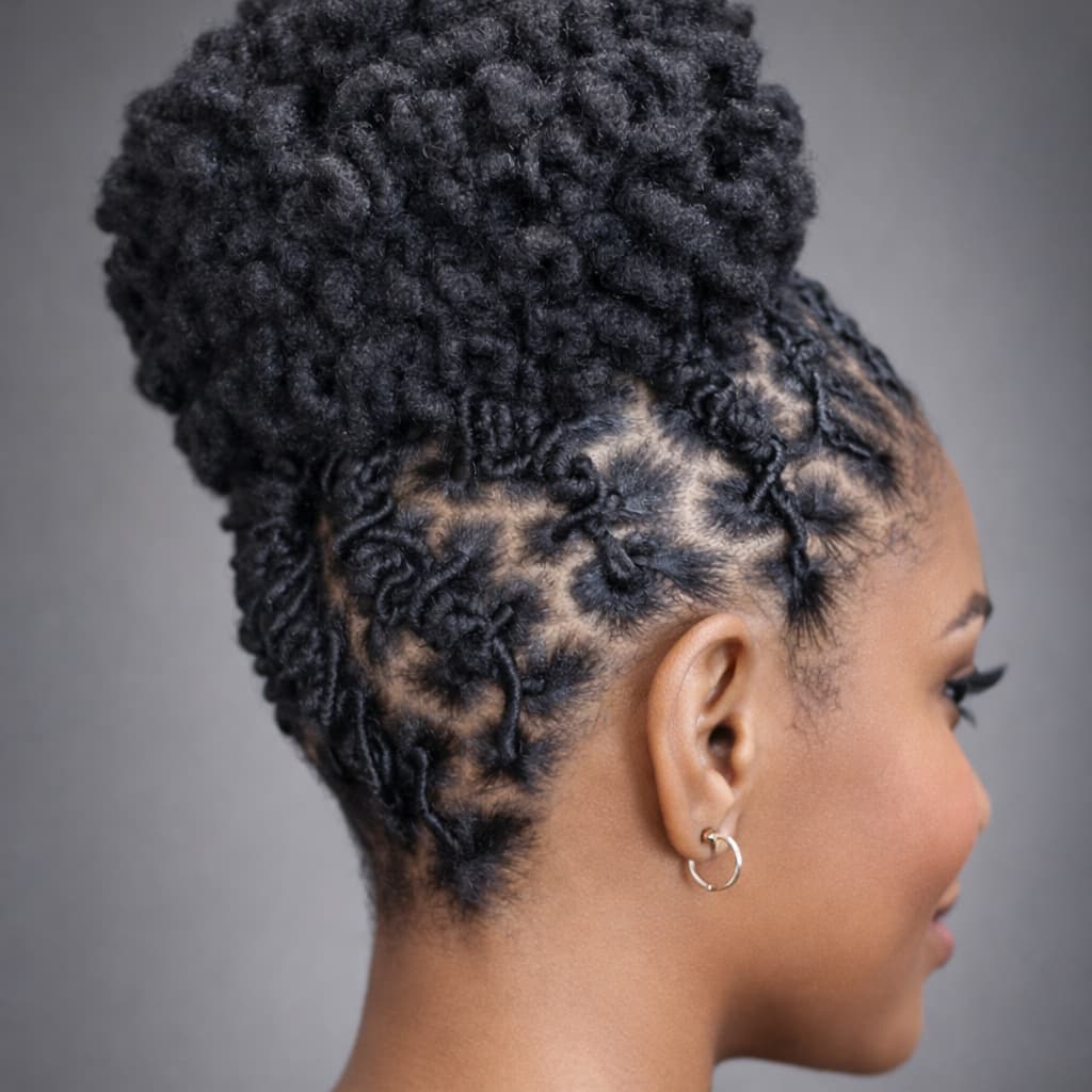 Profile of a woman with braided hair against a gray background