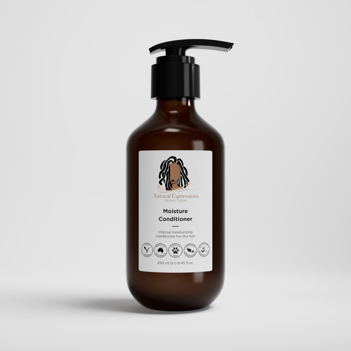 Brown shampoo bottle with a label on a light gray background