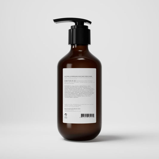 Brown bottle with pump and white label on a light gray background