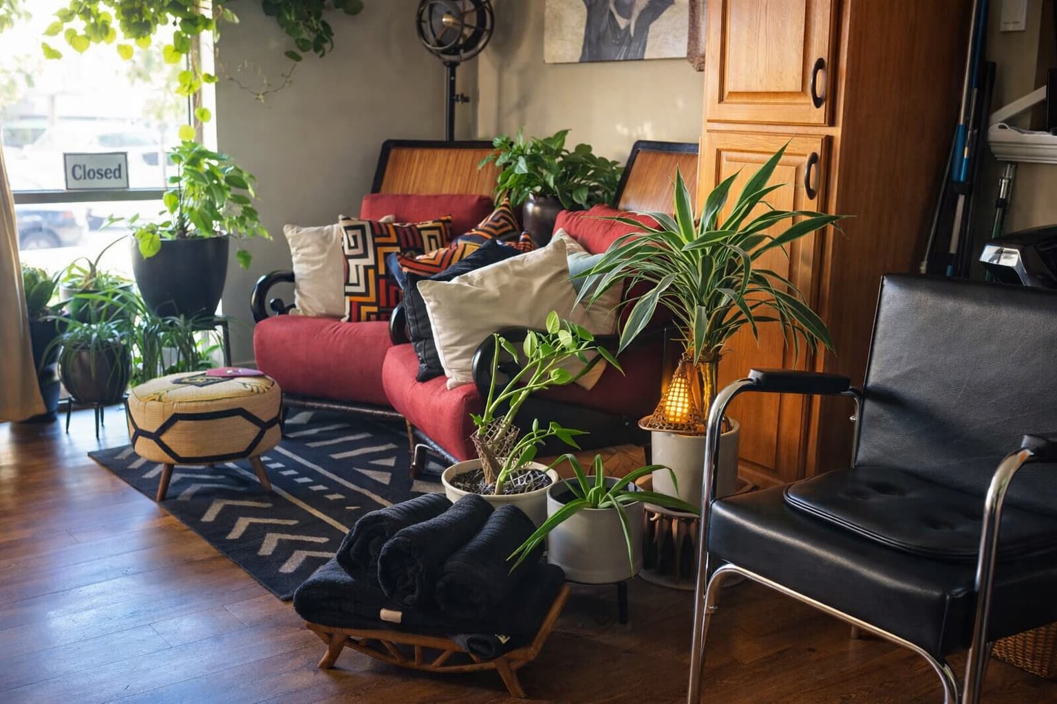Salon with red sofa, black chair, and various plants.
