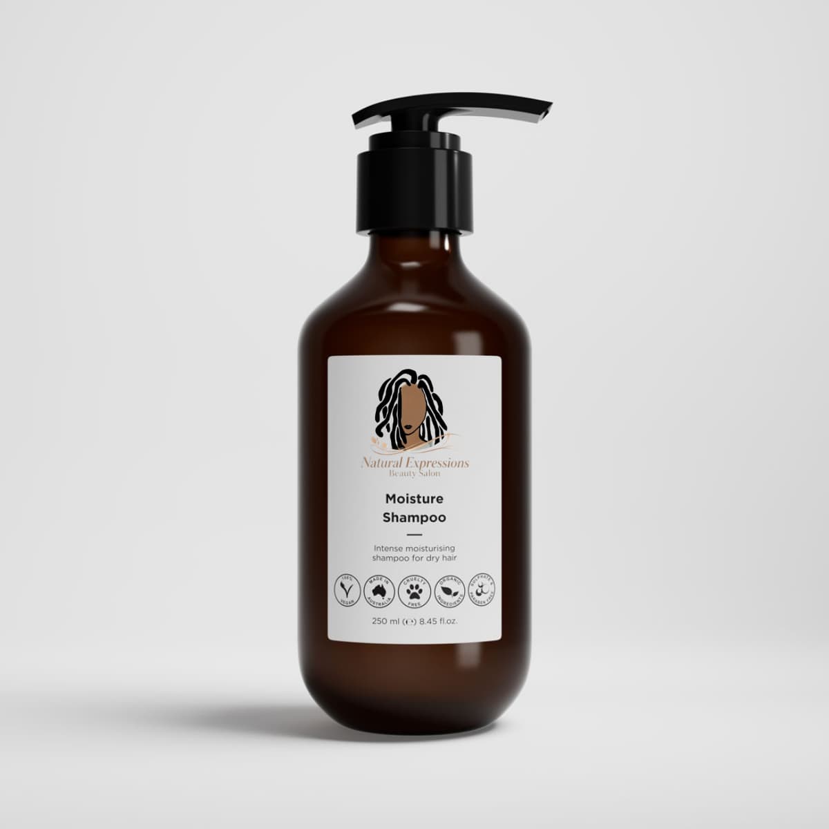 Brown shampoo bottle with moisture shampoo label on a light gray background