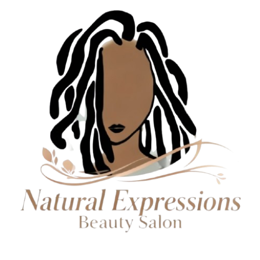 Logo of Natural Expressions Beauty Salon featuring a stylized illustration of a woman with natural hair.