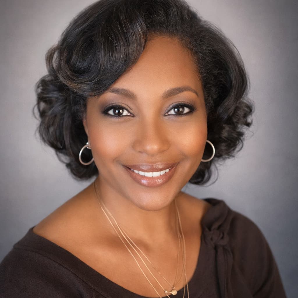Woman with short, styled hair wearing hoop earrings and a dark top against a gray background