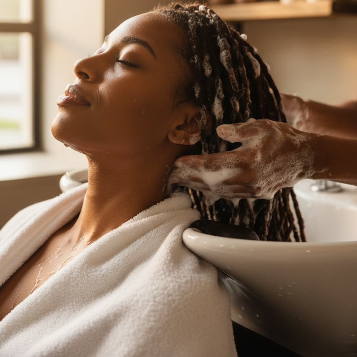 Person washing another person's hair in a bathtub with a towel draped over them.