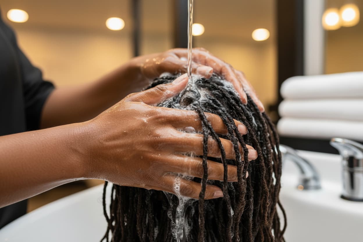 Person washing their hair with water in a bathroom setting